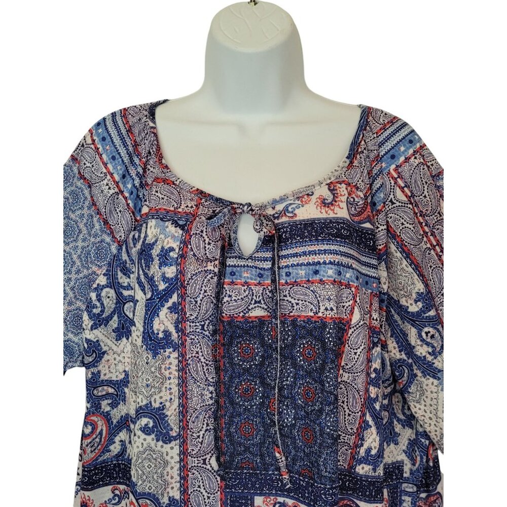 Avenue Womens Top Size 22/24 Embellished Boho Patchwork Print Keyhole Tie Neckli